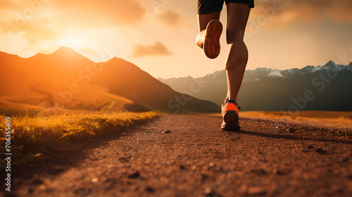 Runner's feet with mesmerizing view of mountain with orange sunlight background