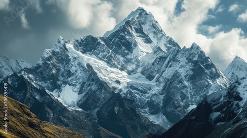 A picturesque view of a snow-covered mountain with a few clouds in the sky. This image captures the serene beauty of a winter landscape. Perfect for various uses