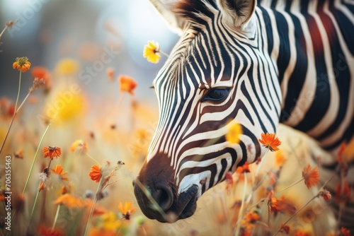 zebra eating with colorful wildflowers around