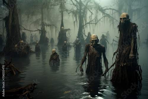 Photo of a haunted swamp with eerie creatures. Generative AI