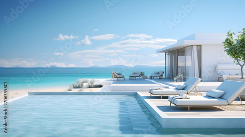 Luxury modern white beach hotel with swimming pool and sea view. Sunbed on sundeck for vacation home or hotel © Trendy Graphics