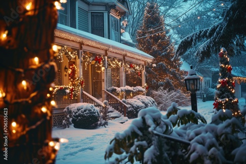 A house covered in snow with festive Christmas lights. Perfect for holiday season designs and winter-themed projects