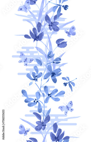 monochrome seamless texture vertical border with blue watercolor