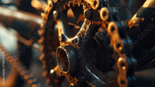 Close up of a bike chain with a clock in the background. Suitable for concepts related to time management and transportation photo