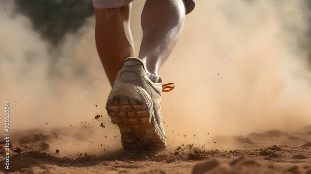 Obraz premium Rear view closeup of sport shoe of racer running on trail with dust