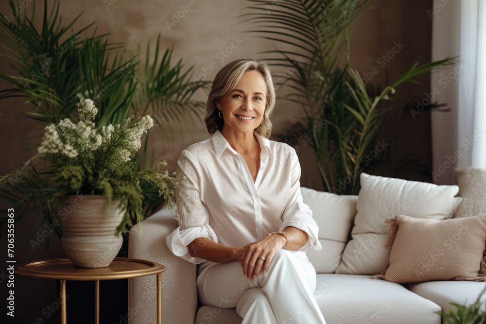 Elegantly middle aged woman sitting on a couch near a plants, dark beige and white colors Elegantly middle aged woman sitting on a couch near a plants, dark beige and white colors