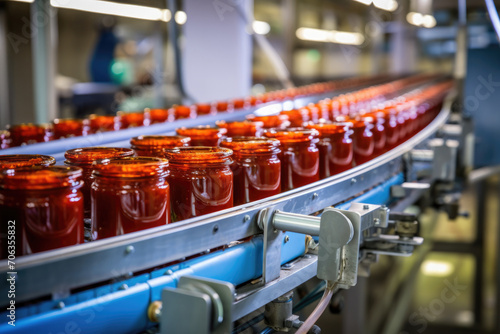 automated conveyor line or belt in modern tomato paste in glass jars plant or factory production