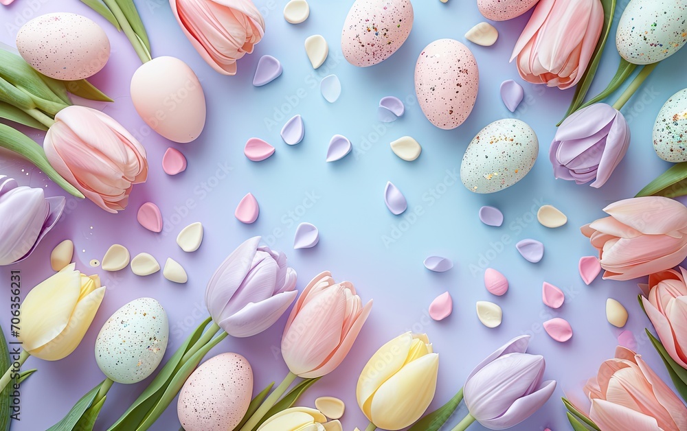 A modern Easter background with Pastel Tulips and Easter Eggs Arranged on a Light Blue Surface