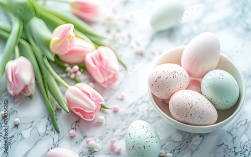Pastel Colored Easter Eggs and Pink Tulips on a Marble Surface