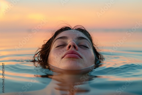 Woman Backfloating in Ocean Sunset, Hopeful Gaze,  #706356417