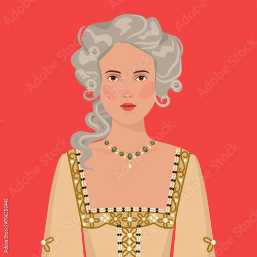 a young woman in a historical costume and a wig from the Middle Ages. Vector flat illustration. An avatar for a social network.  flat illustration