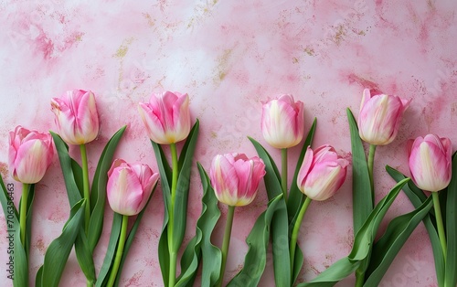 A Row of Pink Tulips Lined Up Against a Pastel Pink Background with Copy Space, Flat Lay, Overhead Shot
