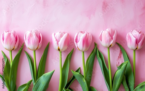 A Row of Pink Tulips Lined Up Against a Pastel Pink Background with Copy Space, Flat Lay, Overhead Shot