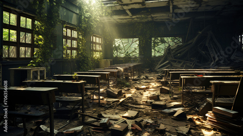 Explore the eerie remnants of ruined classrooms
