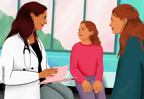 Female pediatrician talking with mother and daughter patient in examination room
 photo