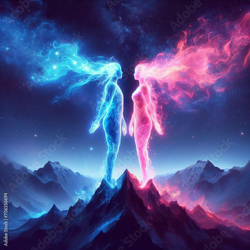 Twin flame couple. Soulmates. The concept of magical, esoteric, tantric, spiritual love. Connection between souls. Illustration for websites and much more. Created using generative ai tools