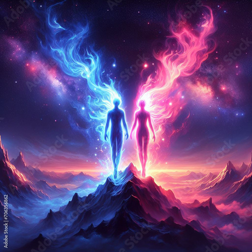 Twin flame couple. Soulmates. The concept of magical, esoteric, tantric, spiritual love. Connection between souls. Illustration for websites and much more. Created using generative ai tools