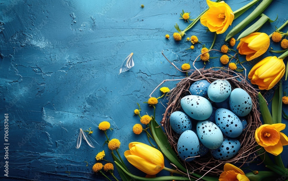 Festive Easter Composition With Speckled Blue Eggs and Yellow Tulips on Blue Background