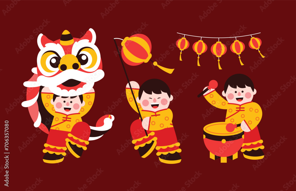 Fototapeta premium Lion dance, chinese new year elements in modern minimalist geometric style. Colorful illustration in flat vector cartoon style. Cute chinese boy in lion costume on red isolated background.