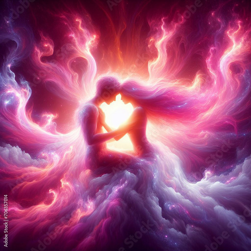 Twin flame couple. Soulmates. The concept of magical, esoteric, tantric, spiritual love. Connection between souls. Illustration for websites and much more. Created using generative ai tools.