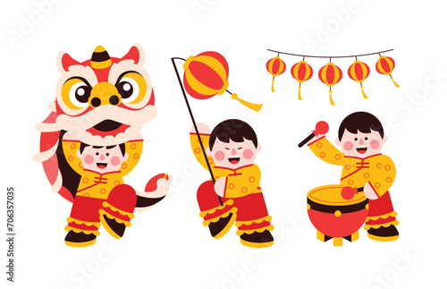 Lion dance, chinese new year elements in modern minimalist geometric style. Colorful illustration in flat vector cartoon style. Cute chinese boy in lion costume on white isolated background.