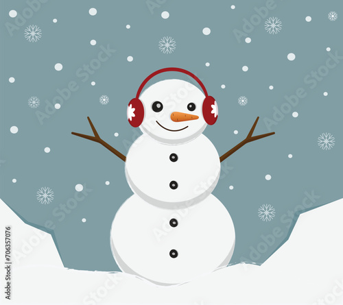 Cute cartoon snowman with red headphones.Winter vector illustration on a blue background with snow. © Elis Iskrytska