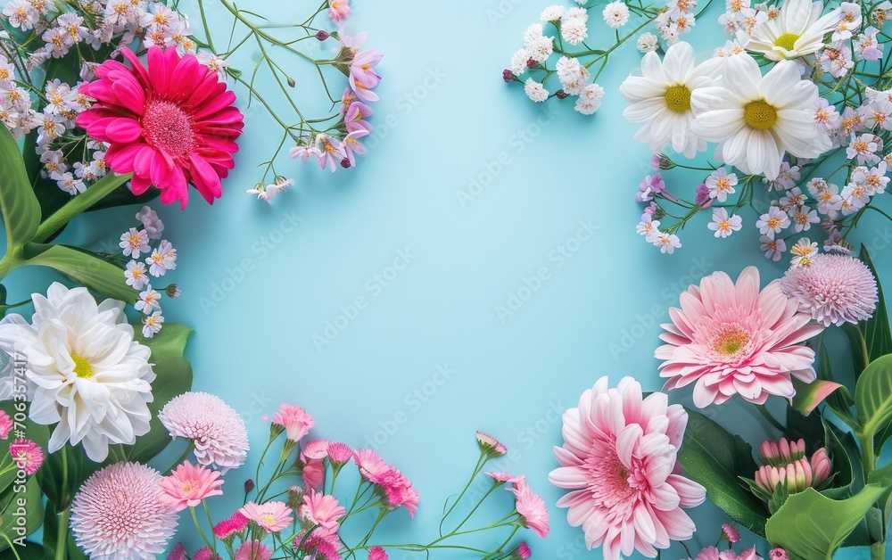 Blue Background With Pink and White Flowers, Flat Lay with Copy Space Blue Background With Pink and White Flowers, Flat Lay with Copy Space