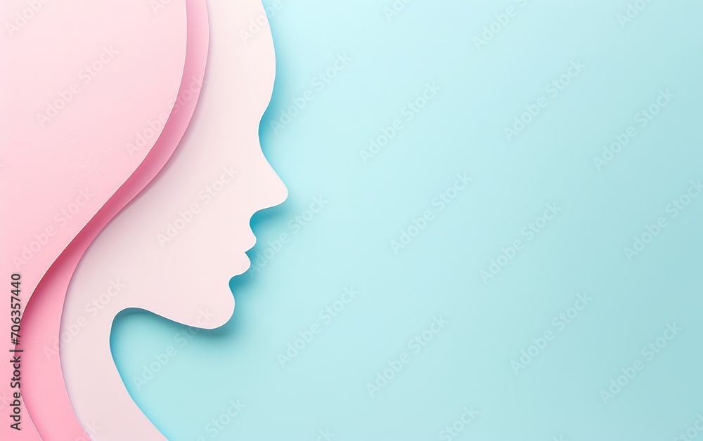 8th of March Women's Day background with paper cut silhouette of a female face, pastel-colored with copy space 