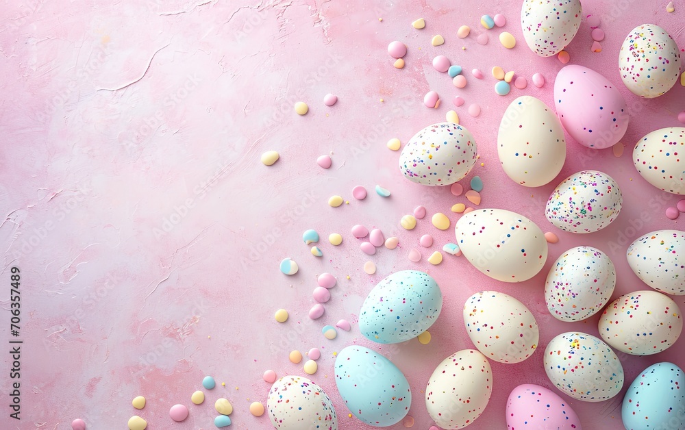 Easter scene with eggs and candies scattered on a pink textured background, pastel-colored, light-hearted, flat lay, overhead shot