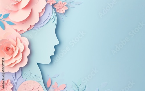 8th of March Women's Day background with paper cut silhouette of a female face, hair decorated with flowers, pastel-colored with copy space 