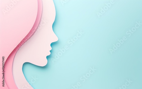 8th of March Women's Day background with paper cut silhouette of a female face, pastel-colored with copy space 