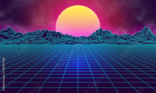 Futuristic landscape with mountains and sunset. 80s retro neon concept. Vector illustration.