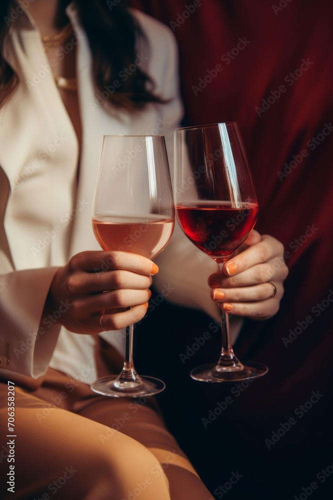 Wine tasting rose in the store. An elegantly dressed woman holds two glasses of wine. Wine tasting rose in the store. An elegantly dressed woman holds two glasses of wine.