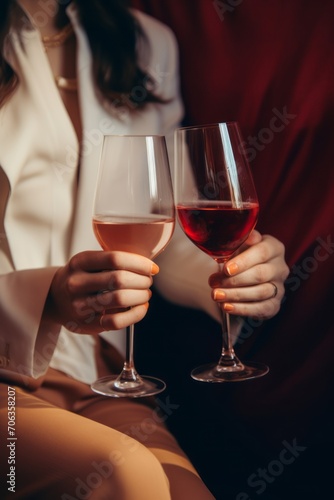 Wine tasting rose in the store. An elegantly dressed woman holds two glasses of wine.