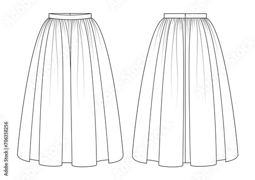 Vector fashion technical drawing of a gathered skirt with front and back view. Midi length. Hidden zipper. Woven fabric.