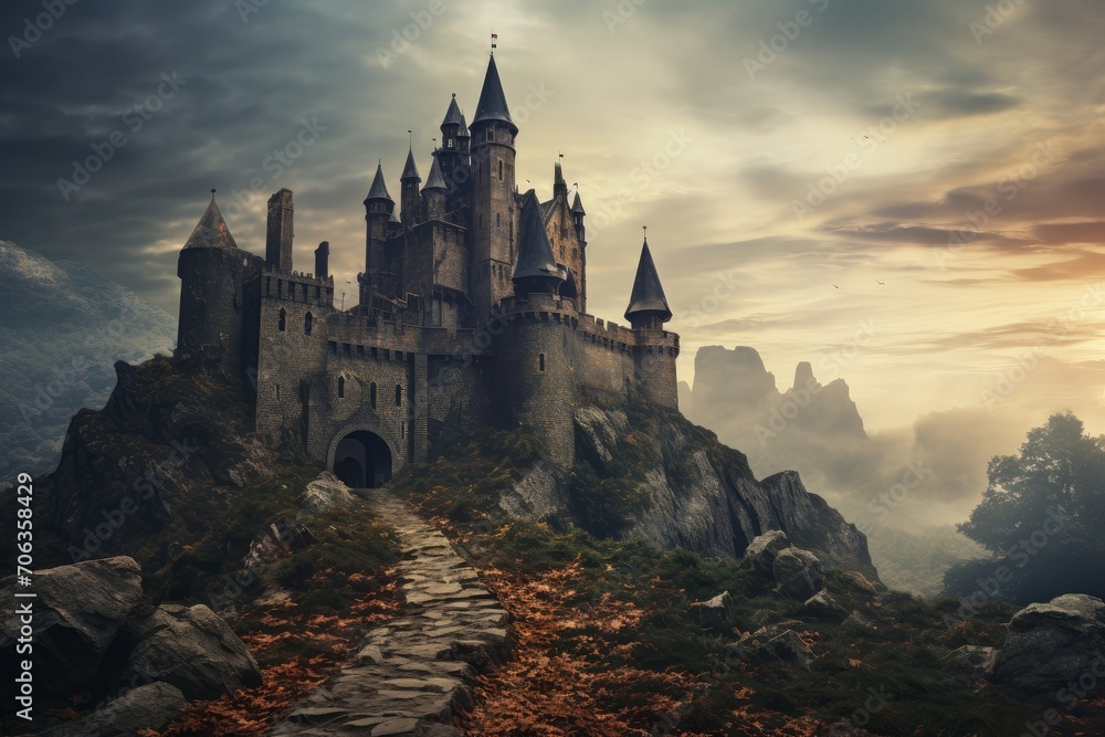 Photo of a spooky haunted castle on a hilltop. Generative AI - obrazy, fototapety, plakaty 