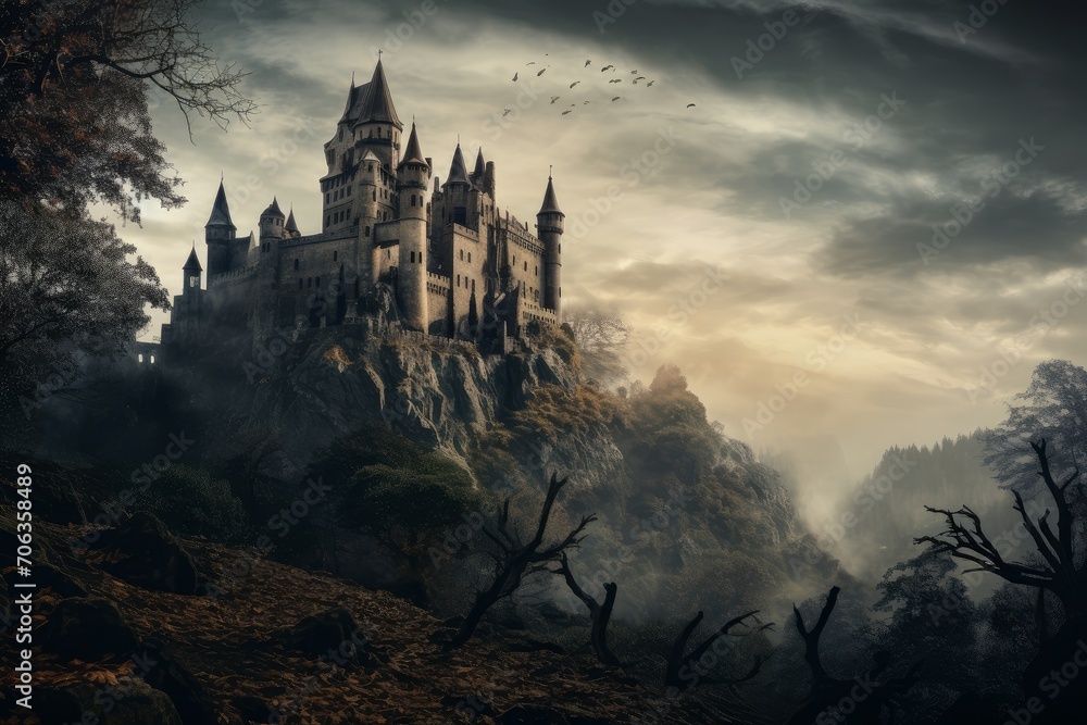 Photo of a spooky haunted castle on a hilltop. Generative AI