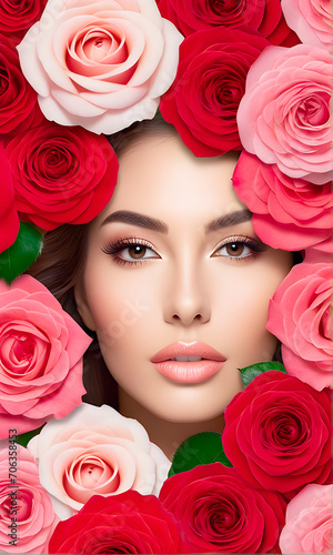 Face of a beautiful woman with nude makeup in a frame of roses. Generation AI