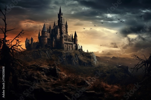 Photo of a spooky haunted castle on a hilltop. Generative AI © Aditya