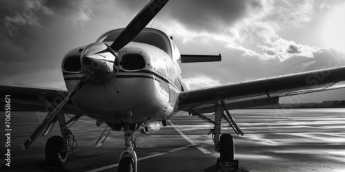 A black and white photo of a small plane. Can be used for aviation-related projects or vintage-themed designs