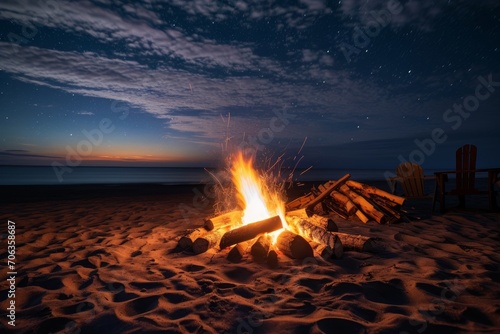 Photo of a summer beach bonfire under the Milky Way. Generative AI