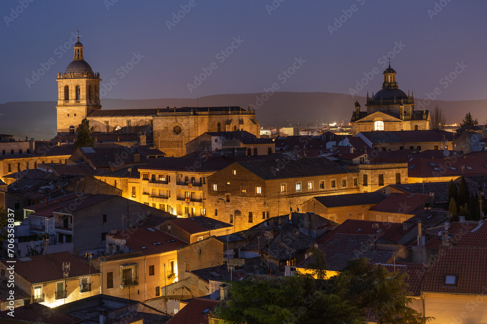 Aerial view of the city of Ciudad Rodrigo illuminated at night, Salamanca, Castilla y León, Spain.