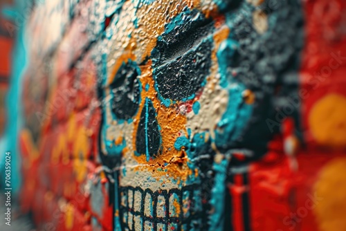 A detailed view of a wall covered in vibrant graffiti. Perfect for urban art enthusiasts and creatives looking for edgy and modern visuals