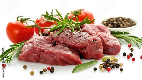 Fresh beef meat with spices, isolated on white background 