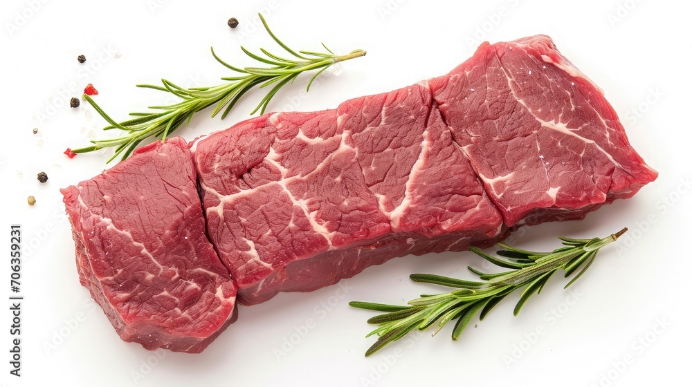 fresh raw beef steak isolated on white background, top view 