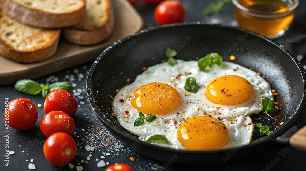 Fried eggs in a frying pan with cherry tomatoes and bread for breakfast on a black background. Fried eggs in a frying pan with cherry tomatoes and bread for breakfast on a black background.