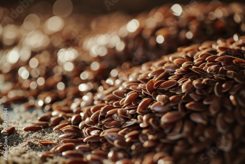 A pile of flax seeds sitting on top of a table. Can be used for cooking and healthy eating concepts