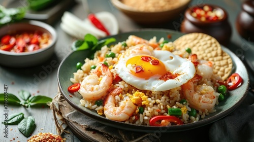 fried rice with fried egg, chili, shrimp, kerupuk crackers in plate on wooden background