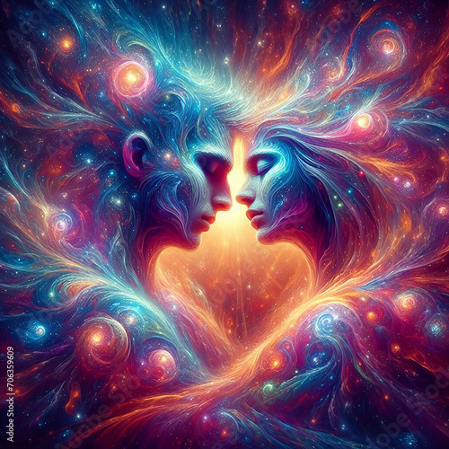 Twin flame couple. Soulmates. The concept of magical, esoteric, tantric, spiritual love. Connection between souls. Illustration for websites and much more. Created using generative ai tools.