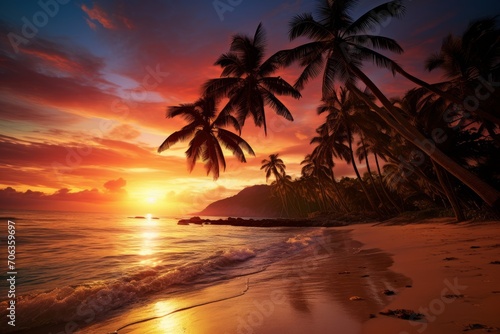 Photo of a tropical island sunset on a sandy beach. Generative AI